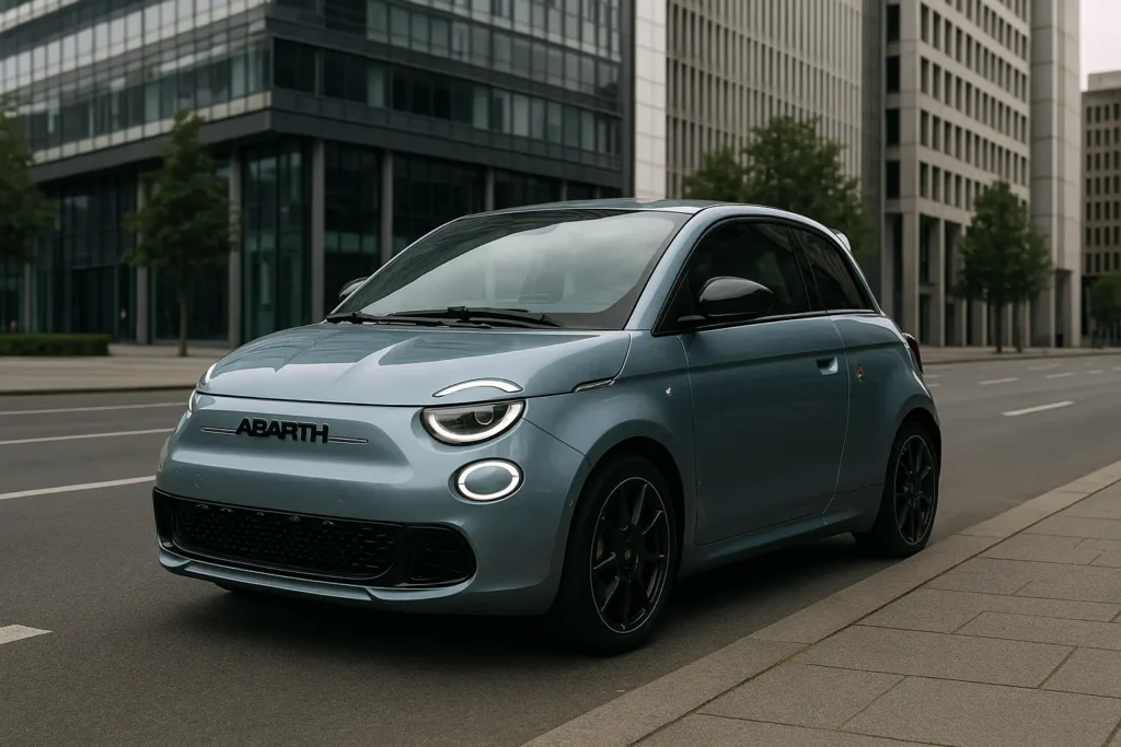 Kompakt, aber oho! 2025er Stadtwagen mit überraschend viel Power 5 Abarth 500e 2025 in Hellblau auf städtischer Straße vor modernen Gebäuden