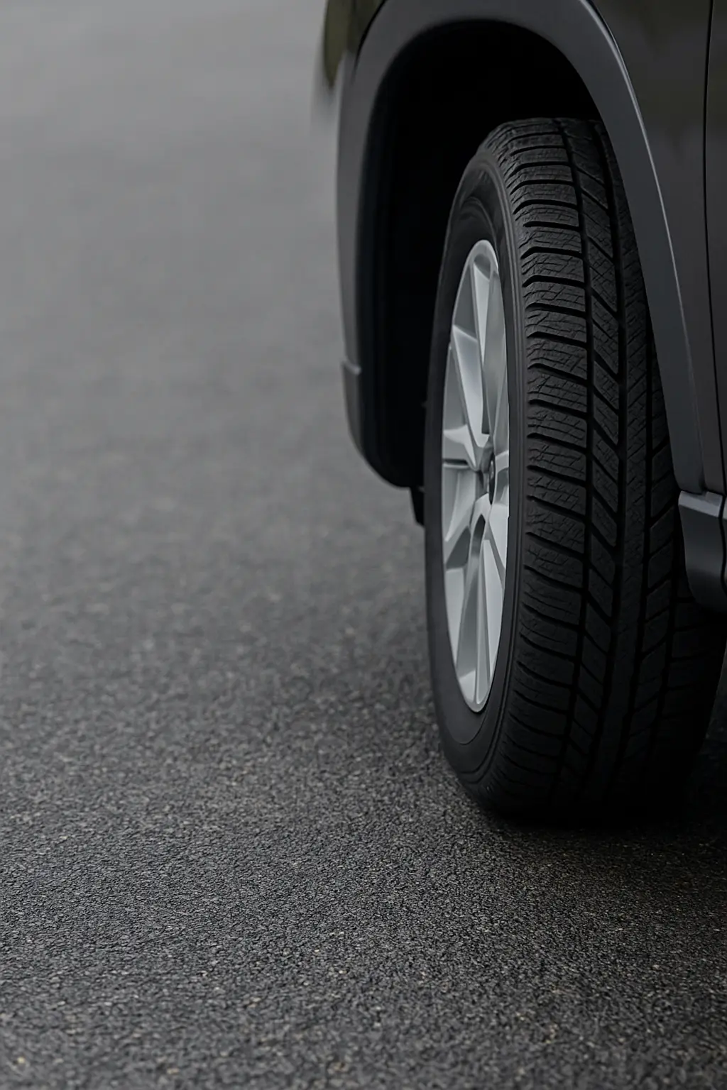 Nahaufnahme eines Allwetterreifens auf nasser Straße – Fokus auf Profil und Felge