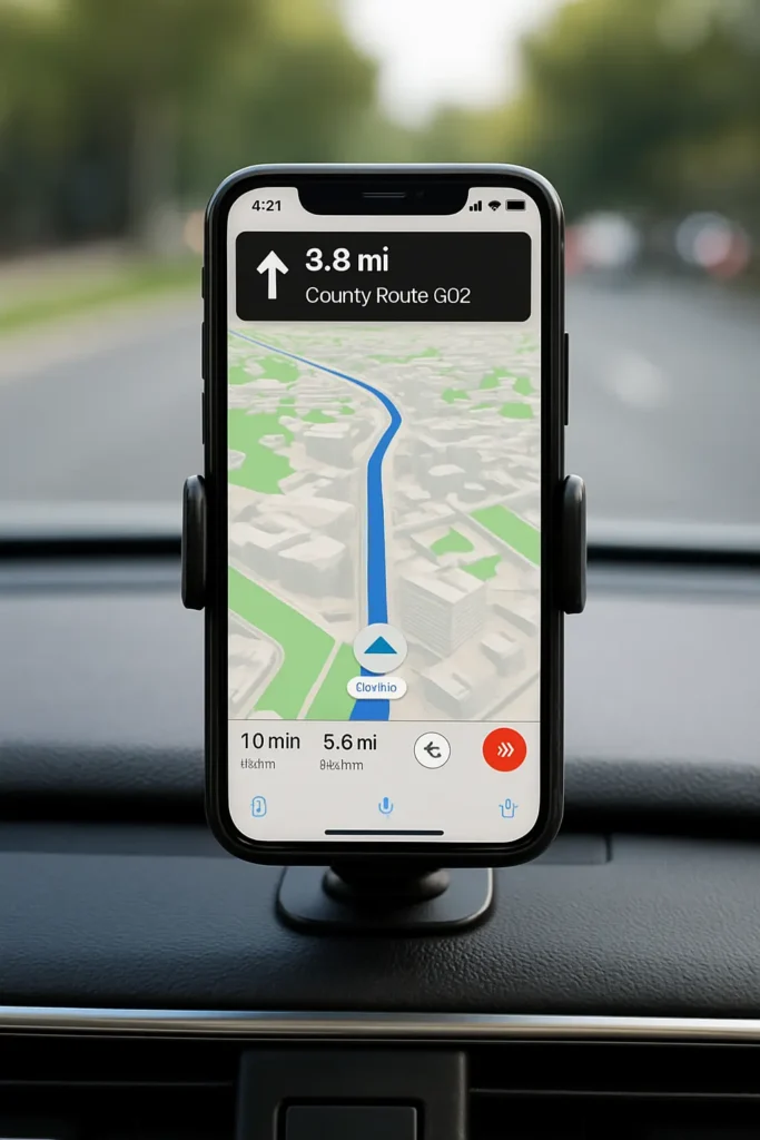 iPhone zeigt Apple Karten Navigation mit 3D-Stadtansicht auf Autohalterung