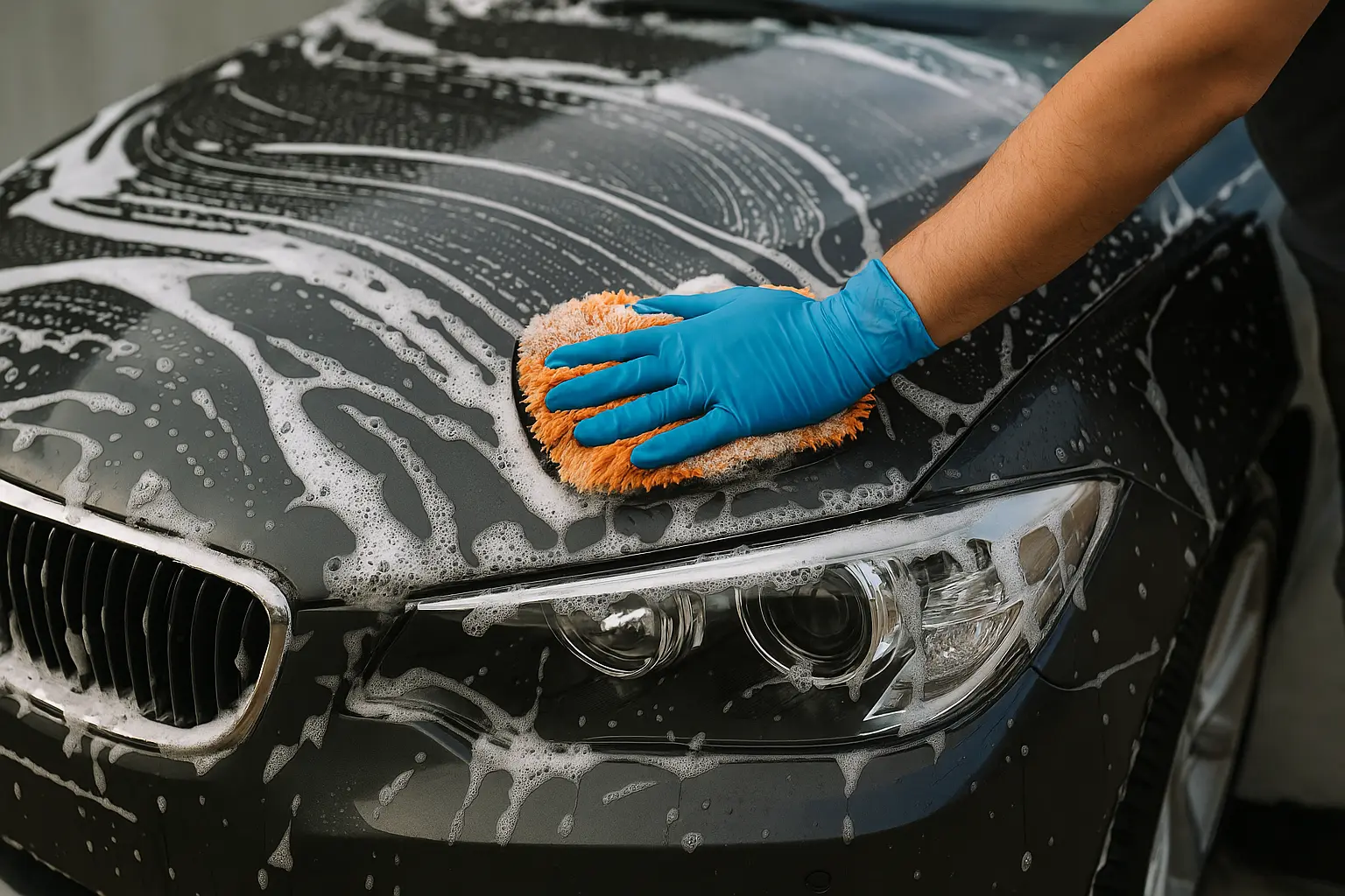 Nahaufnahme: Auto wird mit Mikrofaserhandschuh und Schaum gewaschen