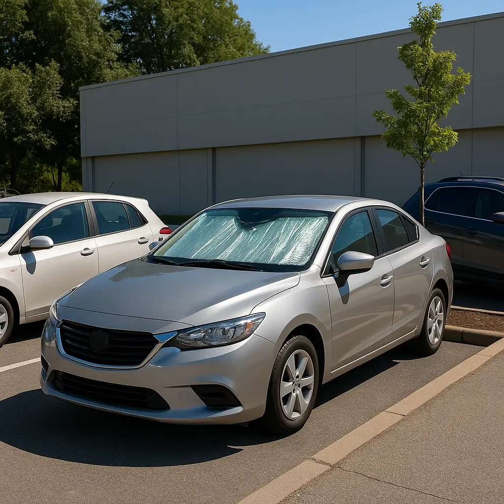 Kein Hitzekoller auf der Straße – 7 einfache Pflegetipps für dein Auto im Sommer 3 Silberner Pkw mit Sonnenschutz auf der Windschutzscheibe, geparkt in einem sonnigen Parkplatz neben anderen Fahrzeugen