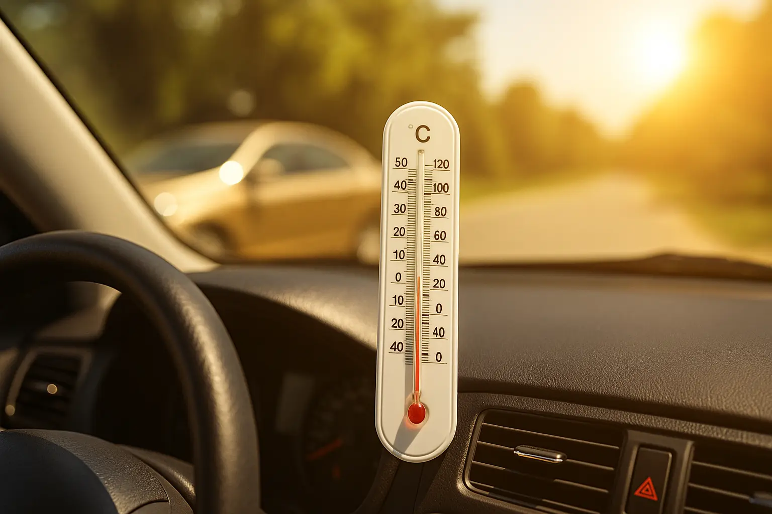 Innenraum eines Autos mit Thermometer am Armaturenbrett zeigt 44 Grad Celsius bei starker Sonneneinstrahlung