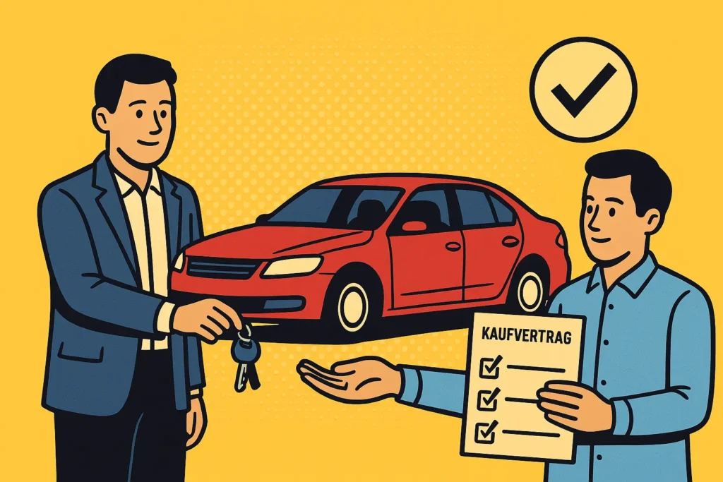 Zwei Personen bei einer privaten Autoübergabe mit Kaufvertrag und Autoschlüssel – Checkliste für Privatkauf