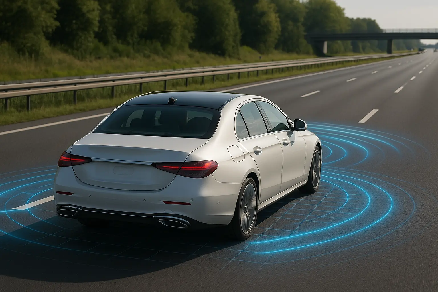 Selbstfahrendes Auto mit Autopilot auf deutscher Autobahn