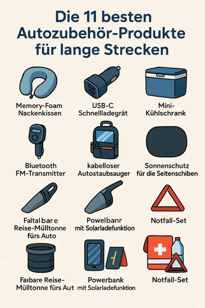 Infografik mit 11 Autozubehör-Produkten für lange Fahrten, darunter Nackenkissen, Kühlschrank, Organizer, Powerbank und Notfallset
