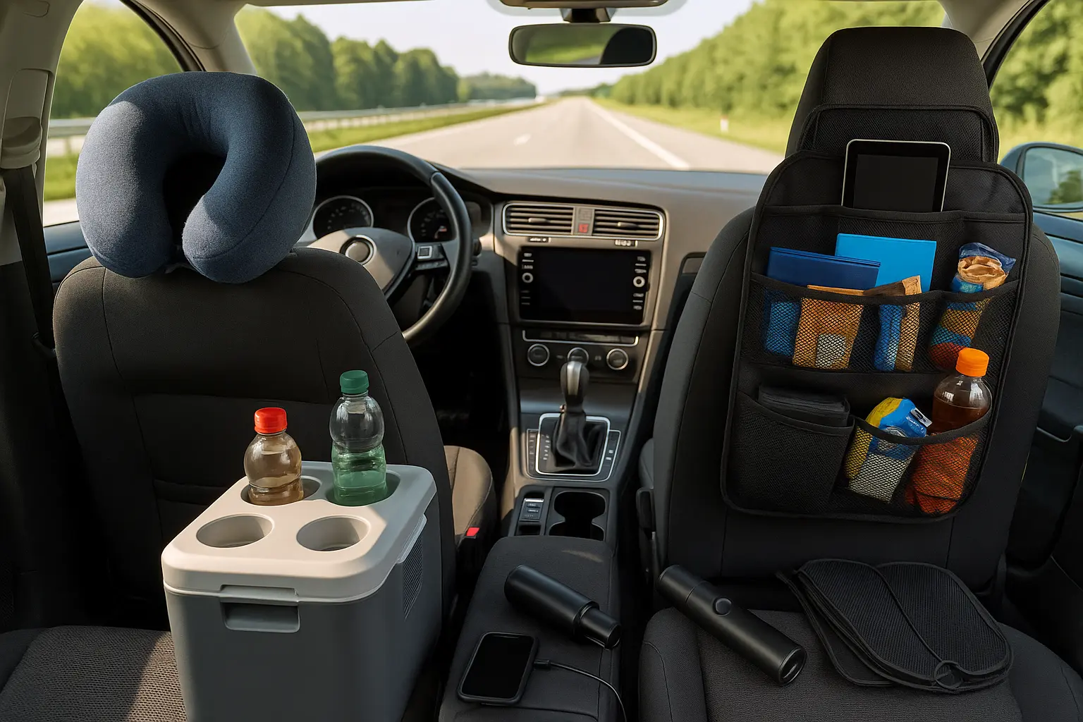 Innenraum eines Autos mit Nackenkissen, tragbarer Kühlbox und Rücksitz-Organizer, ideal für stressfreie Roadtrips 2025