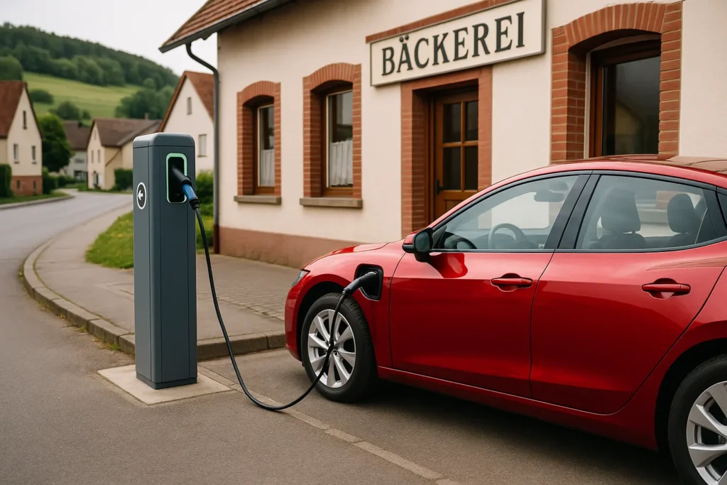 Elektroauto lädt an Ladesäule vor traditioneller Bäckerei in einem ländlichen Dorf