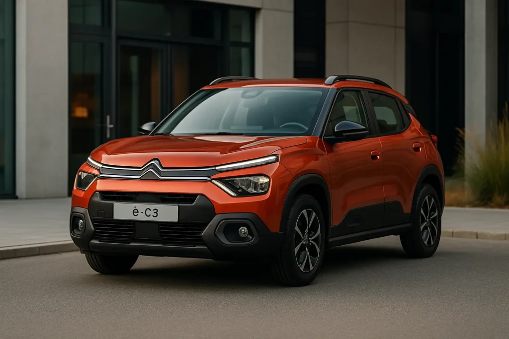 Citroën ë-C3 2025 in kräftigem Rot-Orange, geparkt vor einem modernen Gebäude