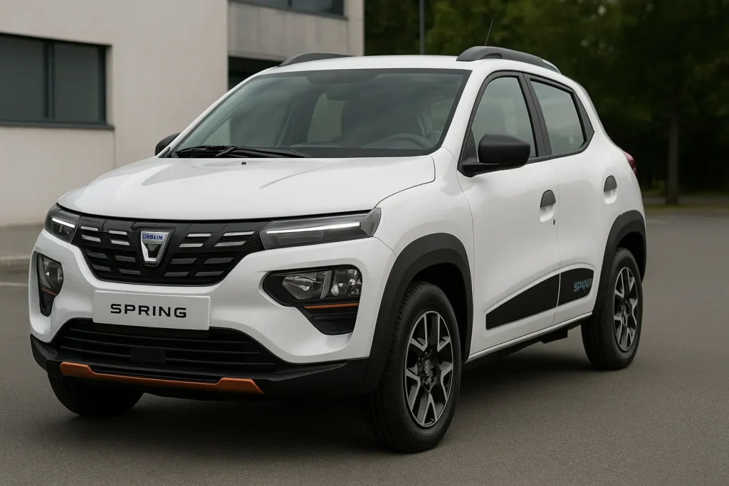 Dacia Spring Electric in Weiß auf Parkplatz mit kompaktem SUV-Design