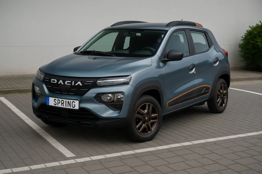 Dacia Spring Electric Extreme 2025 in Metallic-Blau mit orangen Akzenten, geparkt auf einem modernen Parkplatz