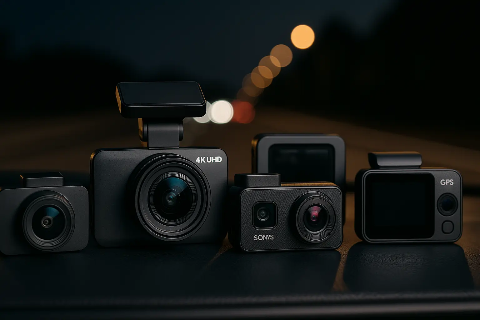 Beweissicherung leicht gemacht – Die Dashcams mit Top-Bildqualität 1 Vier moderne Dashcams auf dem Armaturenbrett mit unscharfem Straßenhintergrund bei Nacht