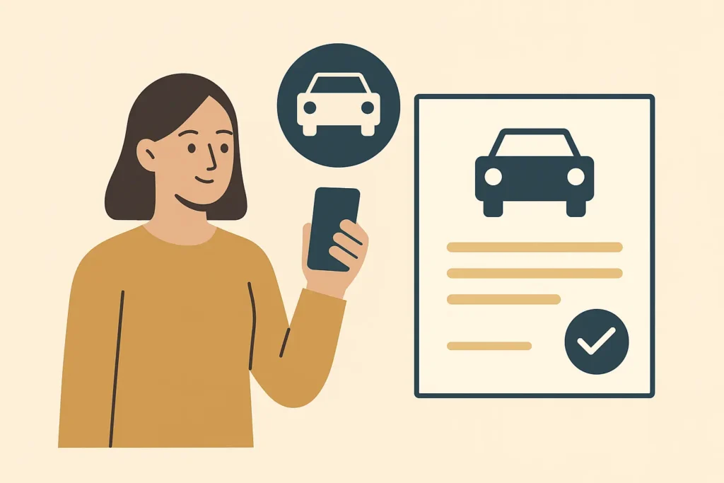 Auto-Abo vs. Leasing – Was lohnt sich wirklich auf Dauer? 2 Illustration einer Frau mit Smartphone neben einem Auto-Icon und einem Vertragsdokument mit Häkchen.