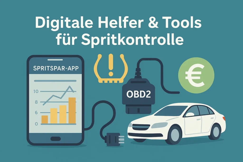 Smartphone mit Spritspar-App, OBD2-Stecker, Reifendruck-Symbol und Auto als digitale Helfer zur Verbrauchskontrolle