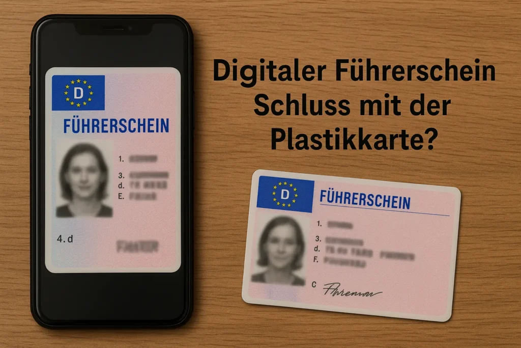 Smartphone mit digitalem Führerschein neben klassischer Plastikkarte auf Holz