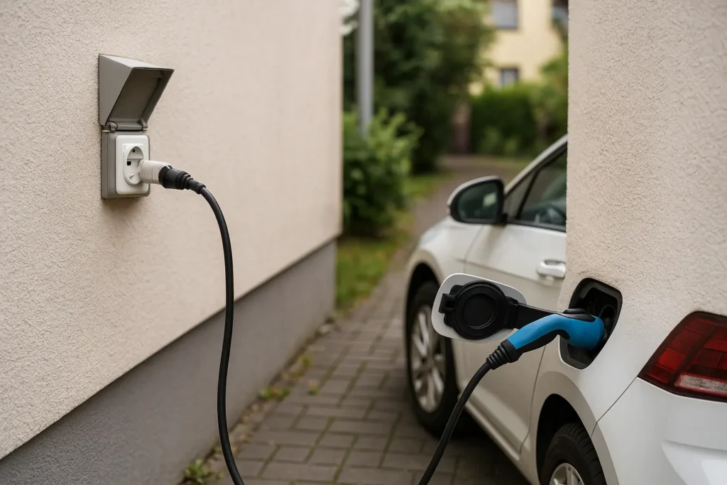 Wallbox oder Steckdose? So lädst du dein E-Auto richtig in 2025 4 Elektroauto wird über eine Haushaltssteckdose mit Verlängerungskabel geladen