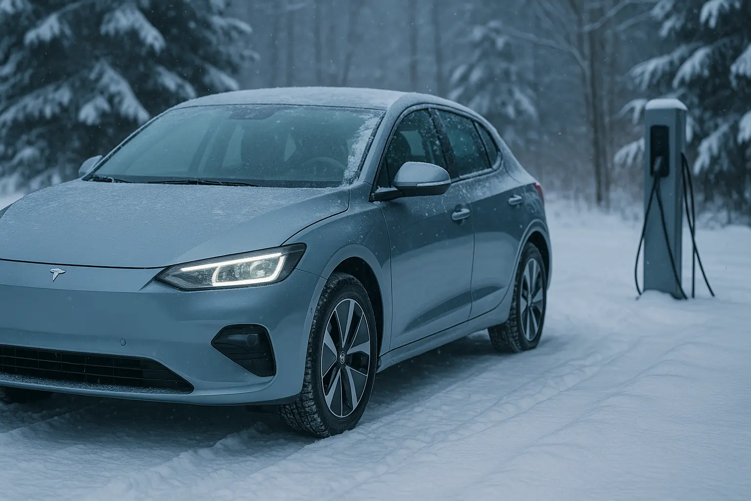 Elektroauto wird im Schnee an einer Ladestation geladen