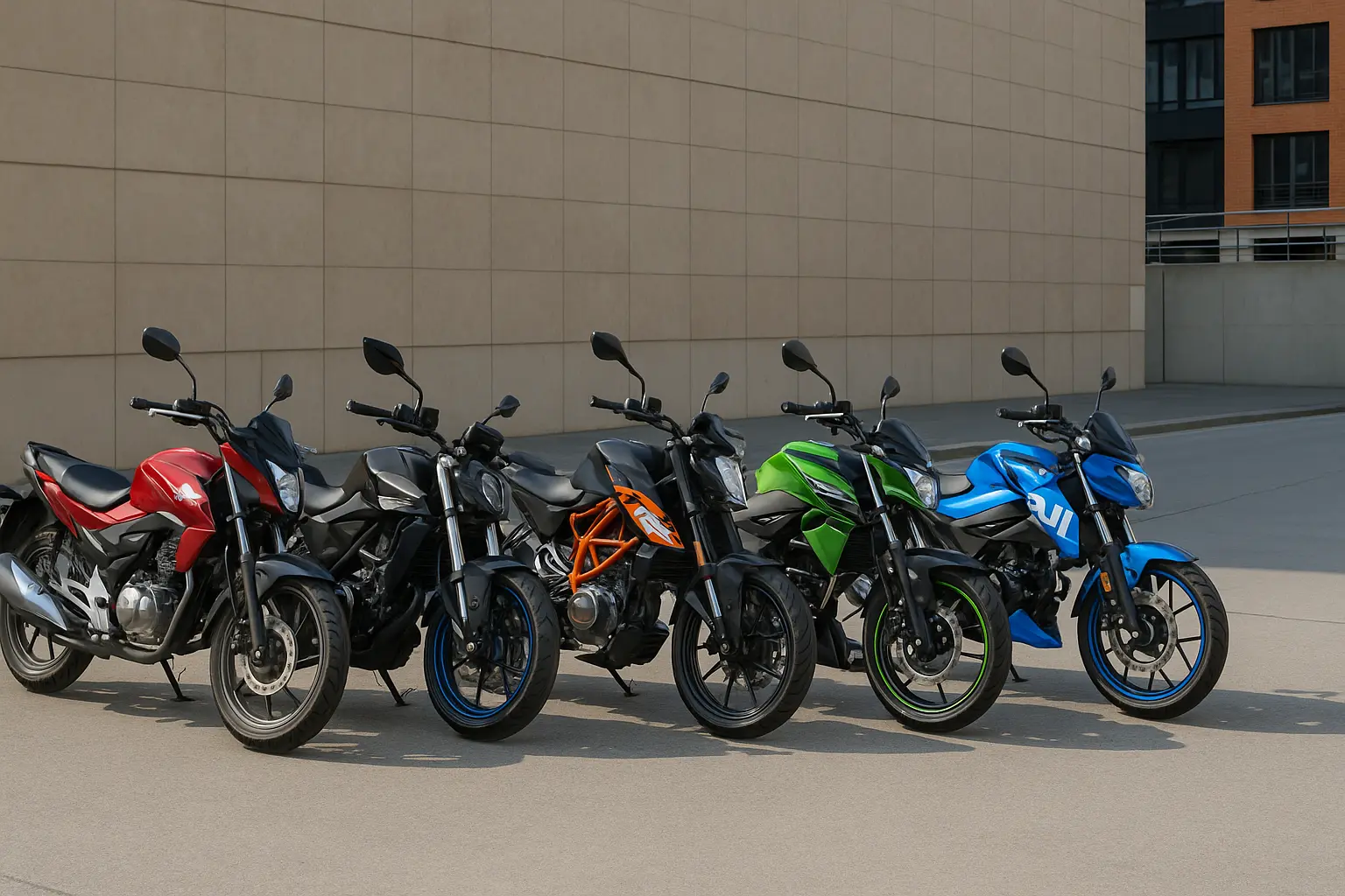 Fünf Einsteiger-Motorräder 2025 nebeneinander aufgestellt in urbaner Umgebung