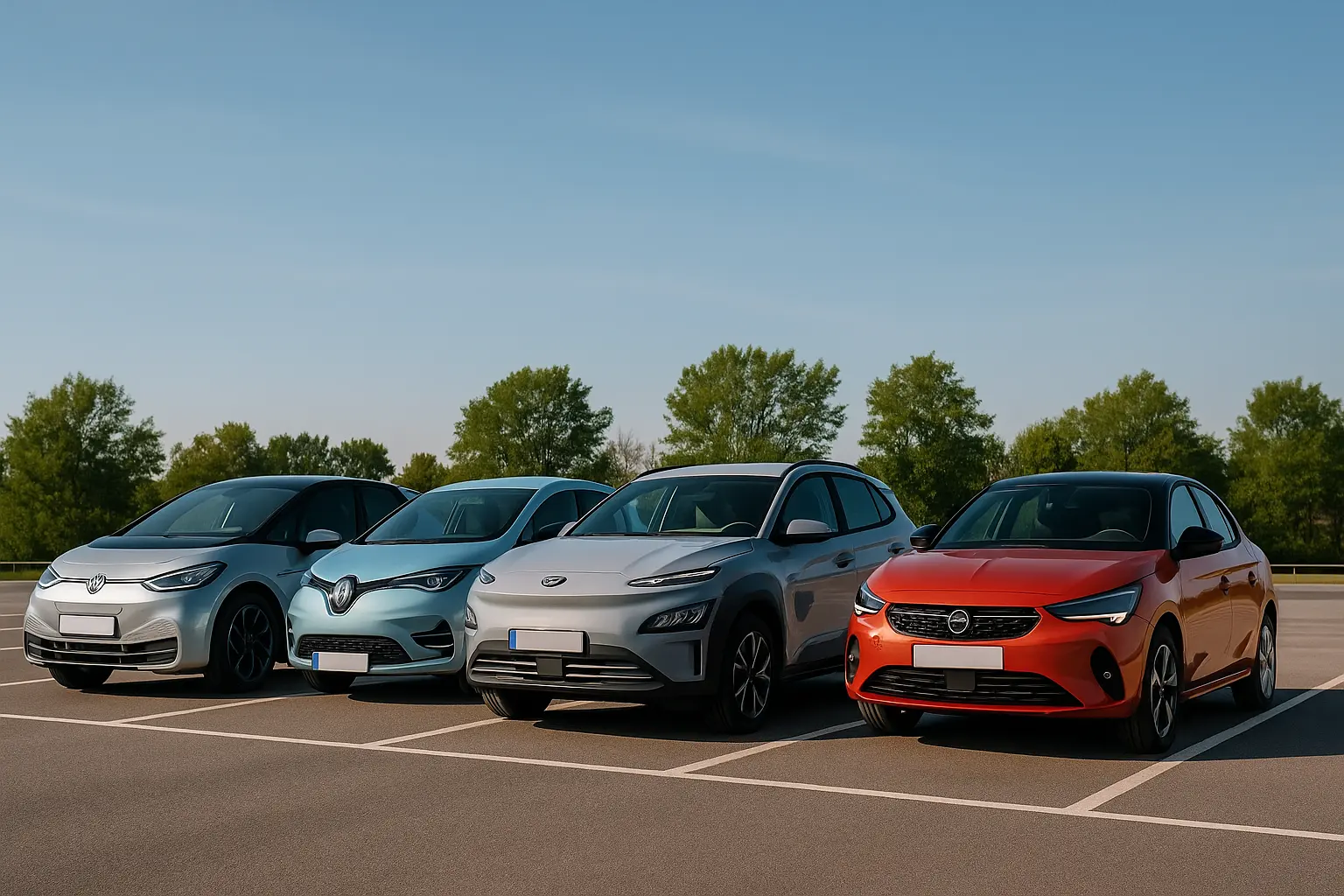 Vier Elektroautos für Pendler auf einem Parkplatz bei sonnigem Wetter, darunter VW ID.3, Renault Zoe, Hyundai Kona und Opel Corsa-e