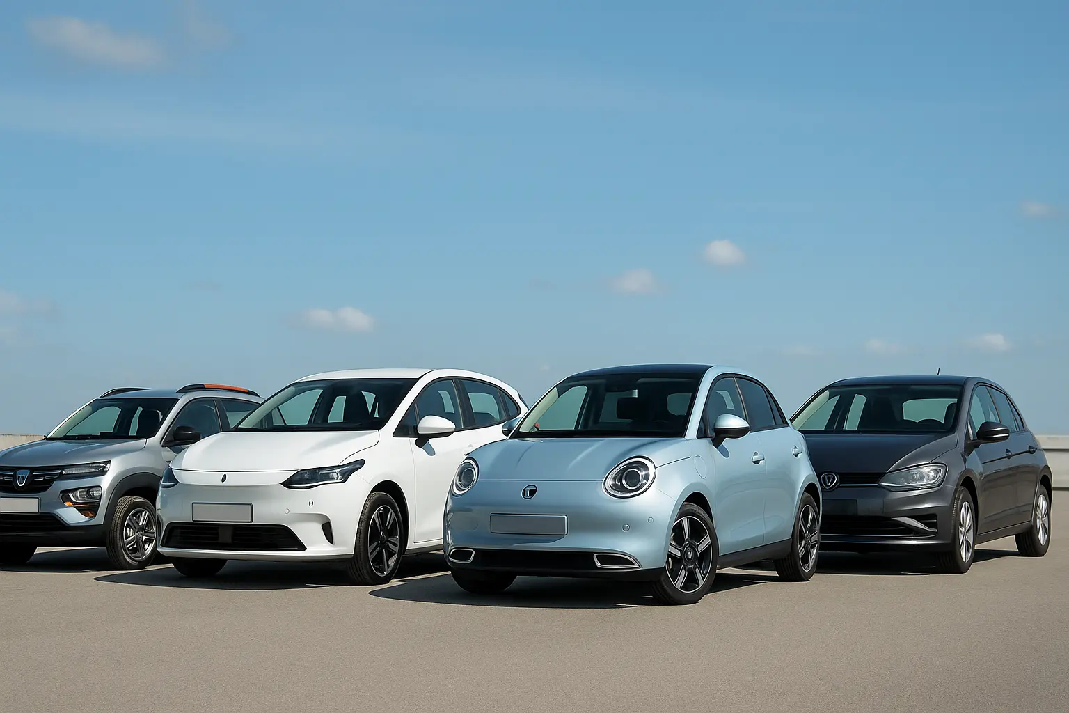 Vier günstige Elektroautos unter 30.000 Euro im Jahr 2025 auf einem Parkplatz bei Tageslicht