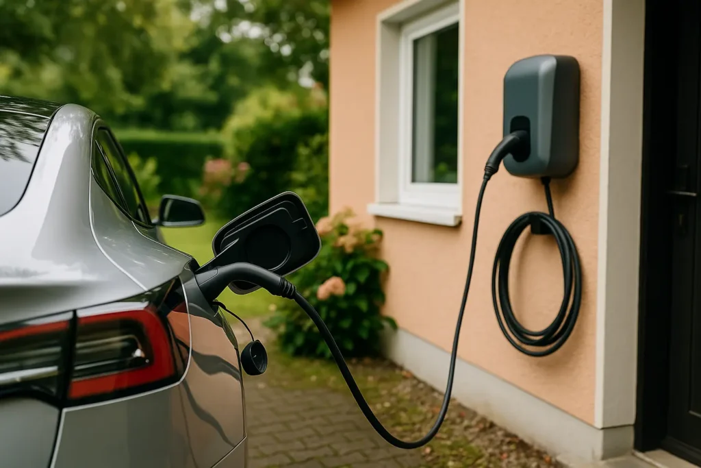Wallbox oder Steckdose? So lädst du dein E-Auto richtig in 2025 2 Silbernes Elektroauto wird zu Hause über eine Wallbox an einer Hauswand geladen