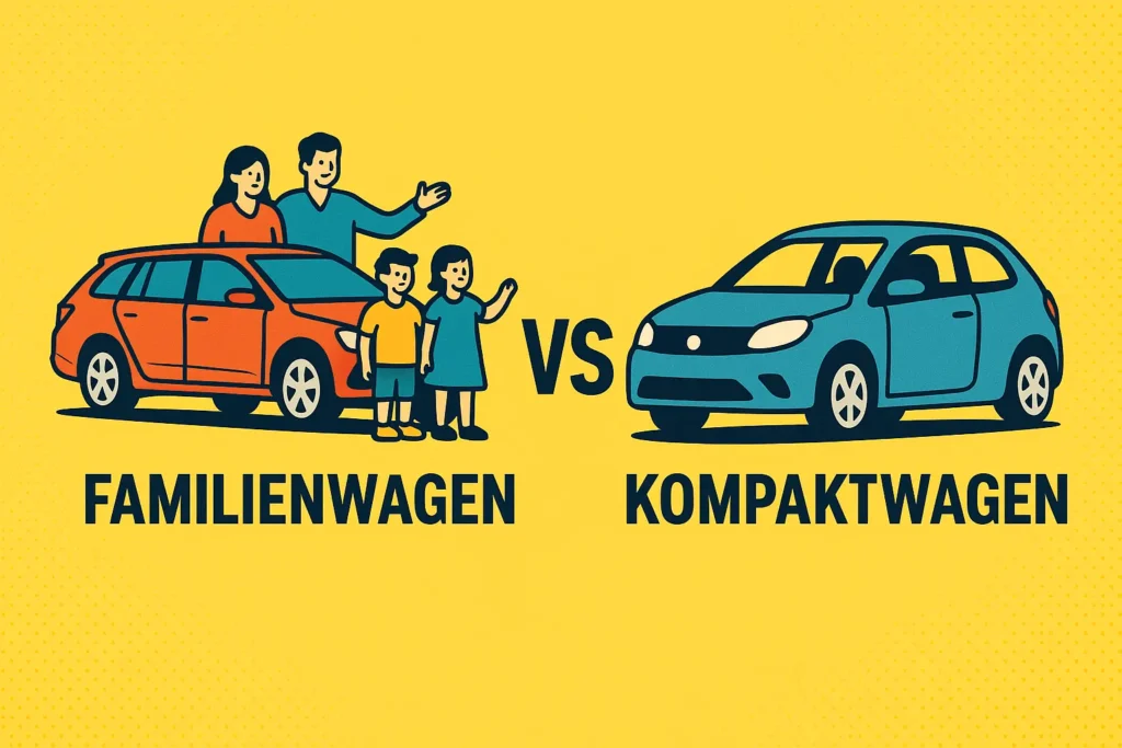 Vergleich zwischen Familienwagen mit vierköpfiger Familie und blauem Kompaktwagen auf gelbem Hintergrund