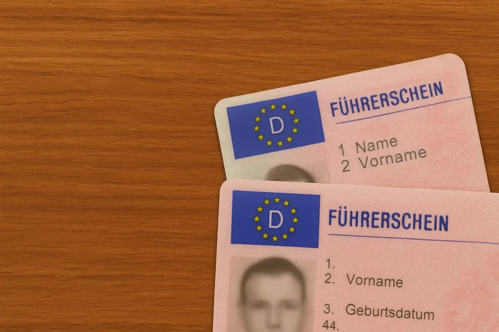 Zwei deutsche Führerscheine überlappend auf einem Holzuntergrund