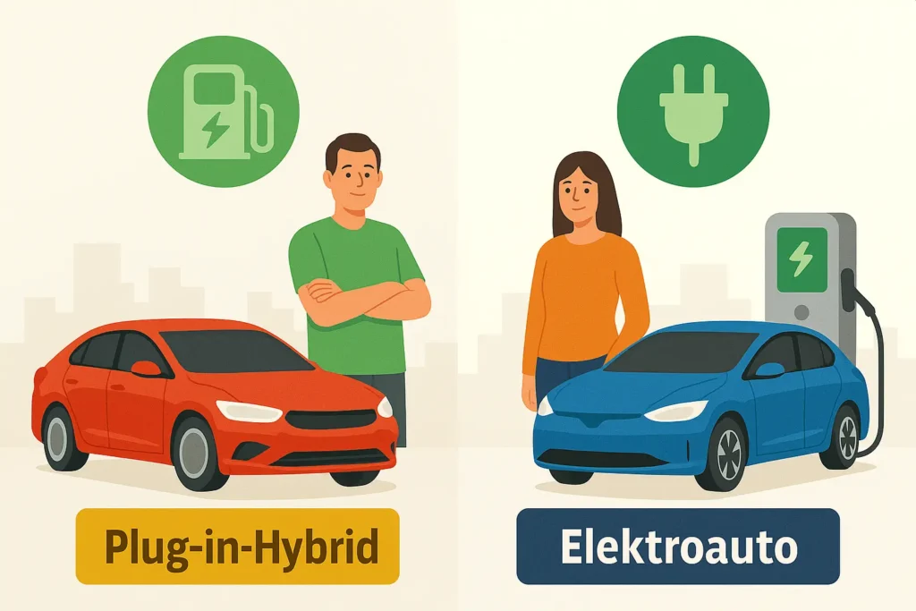 Der Strom-Duell 2025: Plug-in-Hybrid gegen reines E-Auto – Wer punktet im Alltag? 6 Illustration mit einem Mann neben einem roten Hybridauto und einer Frau neben einem blauen Elektroauto mit passenden Symbolen