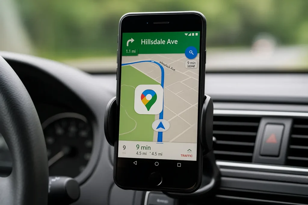 Smartphone mit Google Maps auf Autohalterung, zeigt Navigation zu Hillsdale Ave