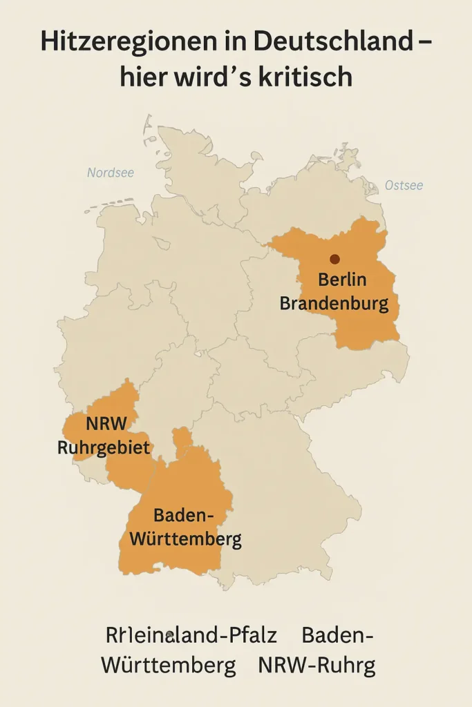 Kein Hitzekoller auf der Straße – 7 einfache Pflegetipps für dein Auto im Sommer 4 Deutschlandkarte mit hervorgehobenen Hitzeregionen: Berlin/Brandenburg, NRW-Ruhrgebiet, Rheinland-Pfalz und Baden-Württemberg