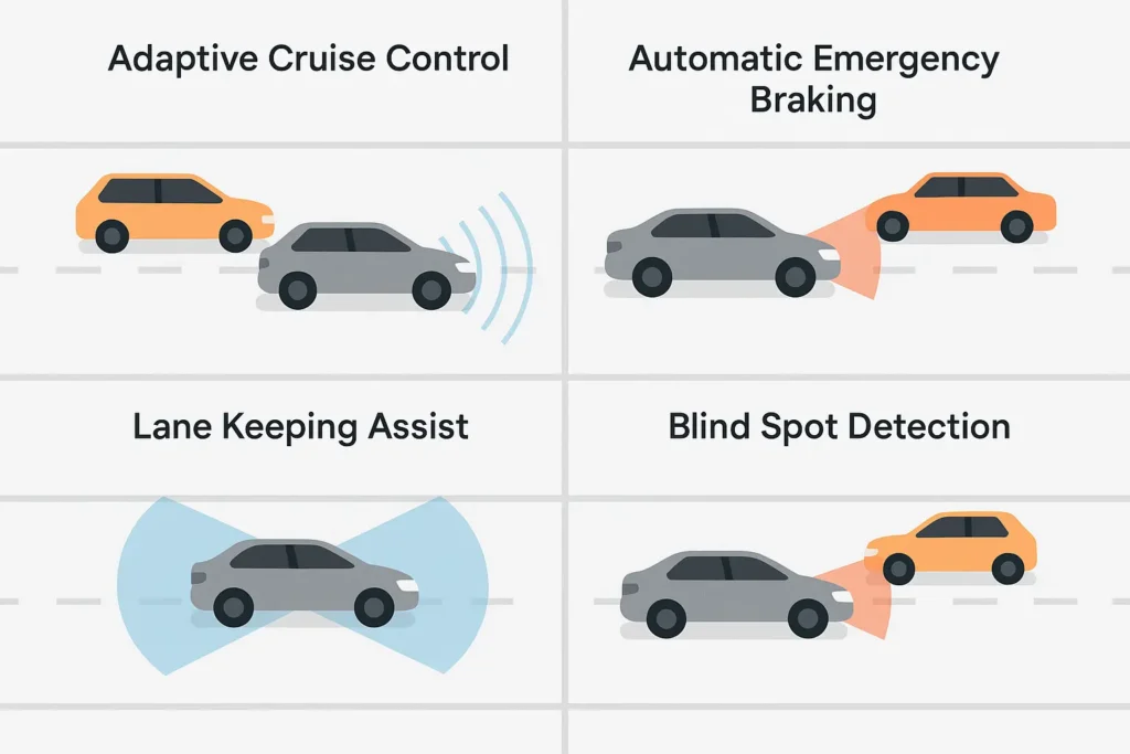 Technische Illustration von Fahrassistenzsystemen: Adaptive Cruise Control, Notbremsassistent, Spurhalteassistent und Totwinkelwarner