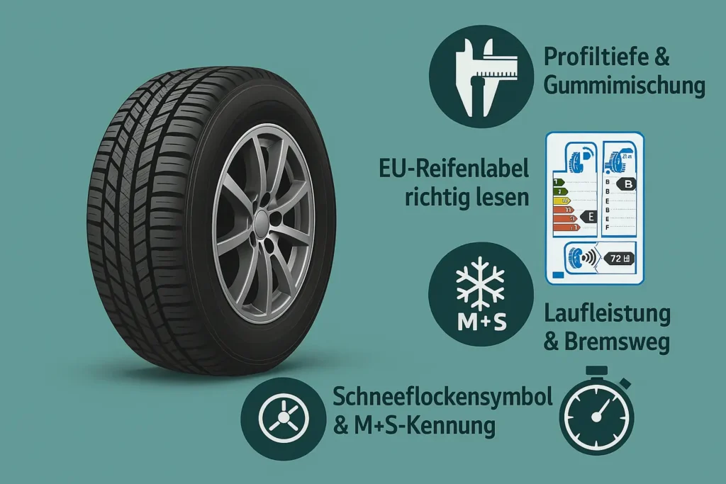 Die besten Allwetterreifen 2025 – Vergleich, Tests & Empfehlungen 3 Infografik mit Symbolen für Reifenkaufkriterien: Profiltiefe, EU-Reifenlabel, Schneeflockensymbol und Bremsweg