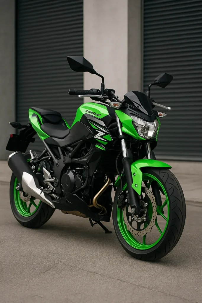 Kawasaki Z125 2025 in klassischem Limegrün mit schwarzem Rahmen vor Industriegebäude