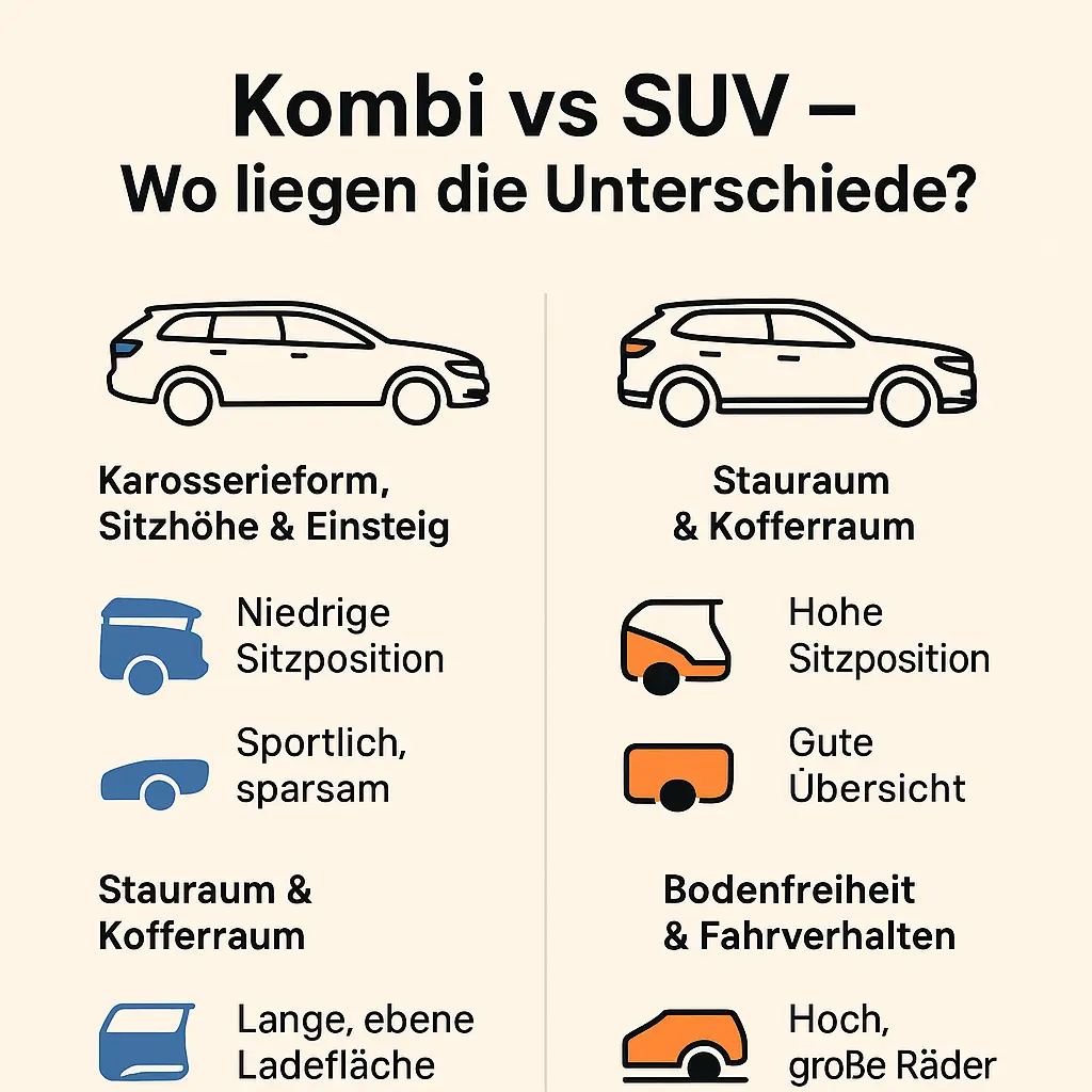 Schotterpiste oder Schulweg? Kombi vs. SUV im echten Alltag 2 Infografik zu Unterschieden zwischen Kombi und SUV: Sitzhöhe, Kofferraum, Fahrverhalten