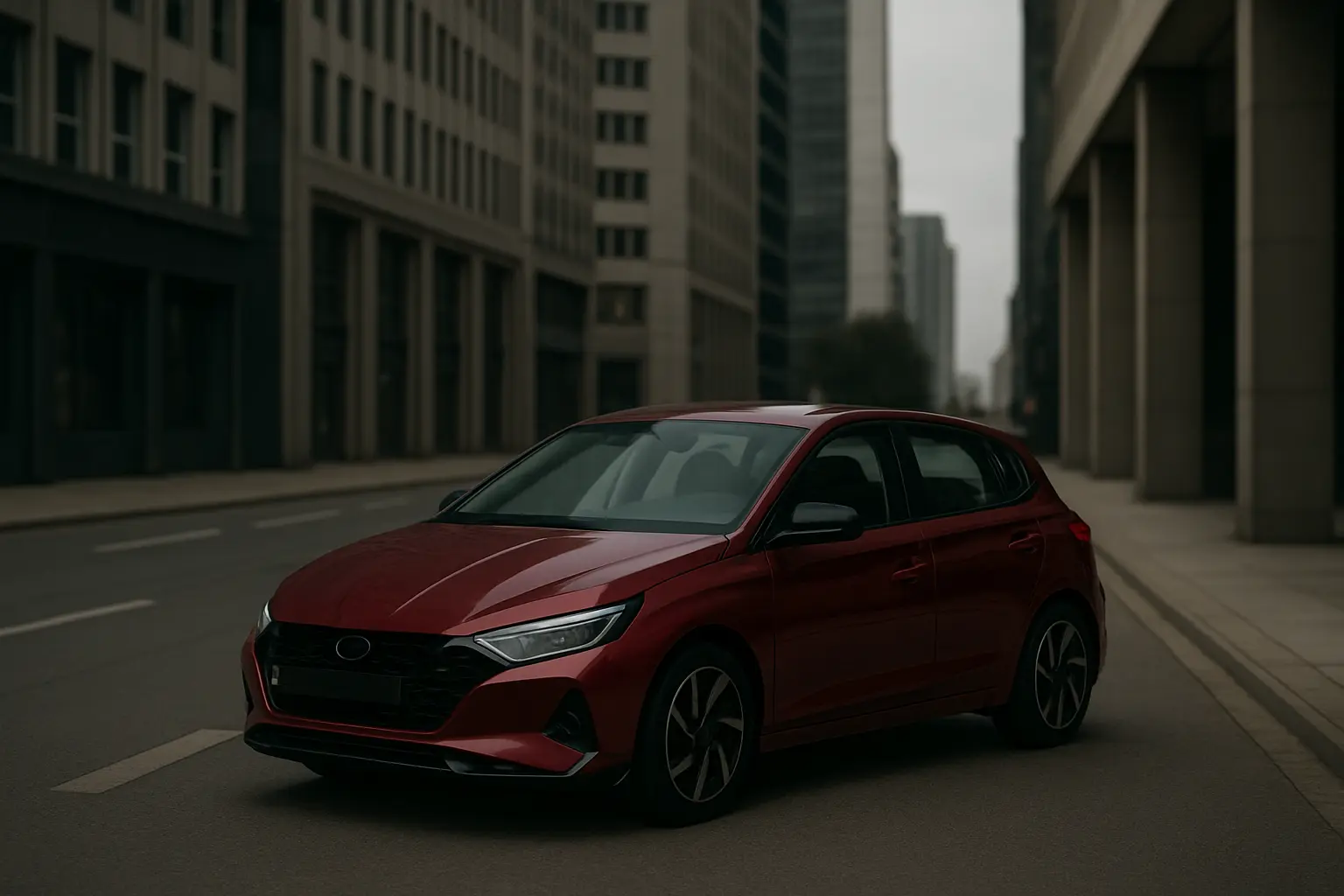 Roter Kompaktwagen 2025 auf leerer Stadtstraße bei bewölktem Himmel