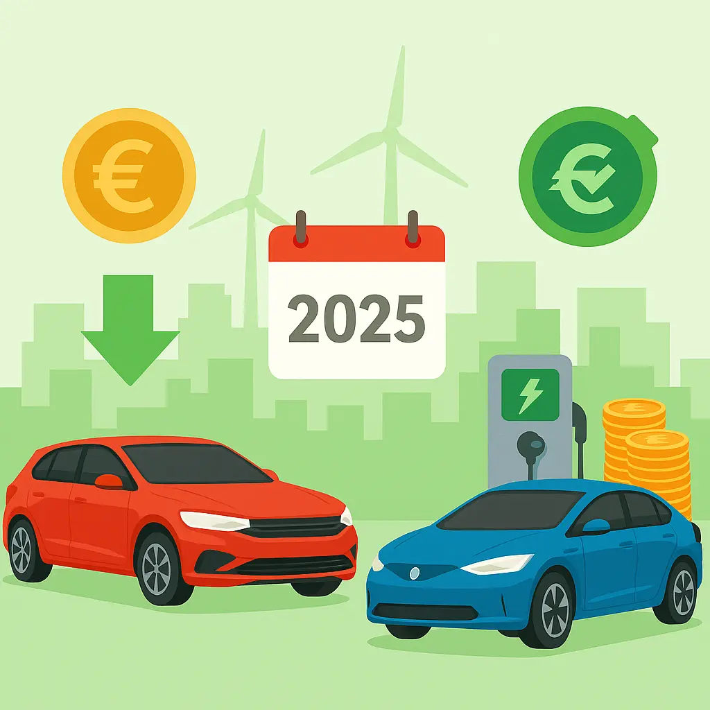 Der Strom-Duell 2025: Plug-in-Hybrid gegen reines E-Auto – Wer punktet im Alltag? 5 Zwei Fahrzeuge mit Symbolen für Kosten, Förderung und Jahr 2025 vor grüner Stadtsilhouette