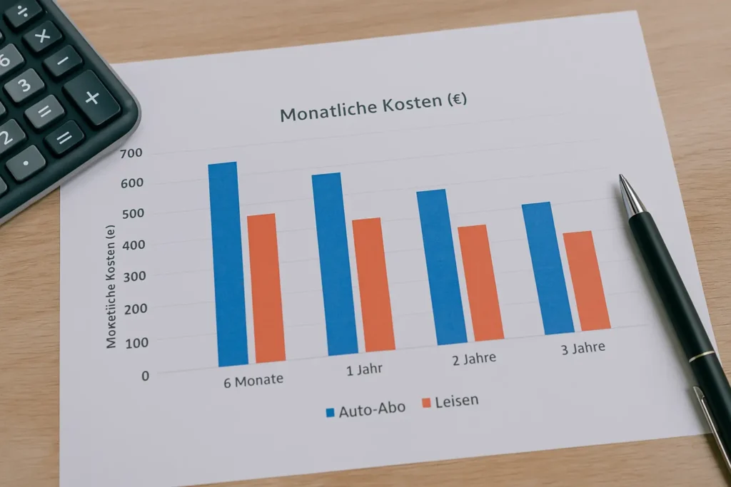 Auto-Abo vs. Leasing – Was lohnt sich wirklich auf Dauer? 4 Gedrucktes Balkendiagramm auf einem Holztisch zeigt monatliche Kosten von Auto-Abo und Leasing über verschiedene Laufzeiten