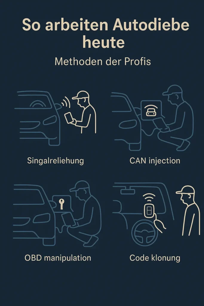 Illustration von vier Methoden moderner Autodiebe ohne Text: Signalverlängerung, CAN-Injection, OBD-Manipulation und Code-Klonung