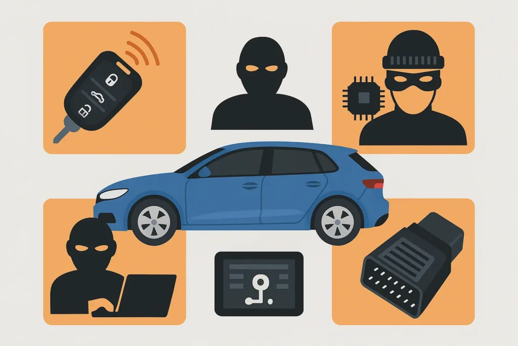 Illustration eines modernen Autos umgeben von Symbolen für Hacking, OBD-Anschlüsse und Keyless-Diebstahl
