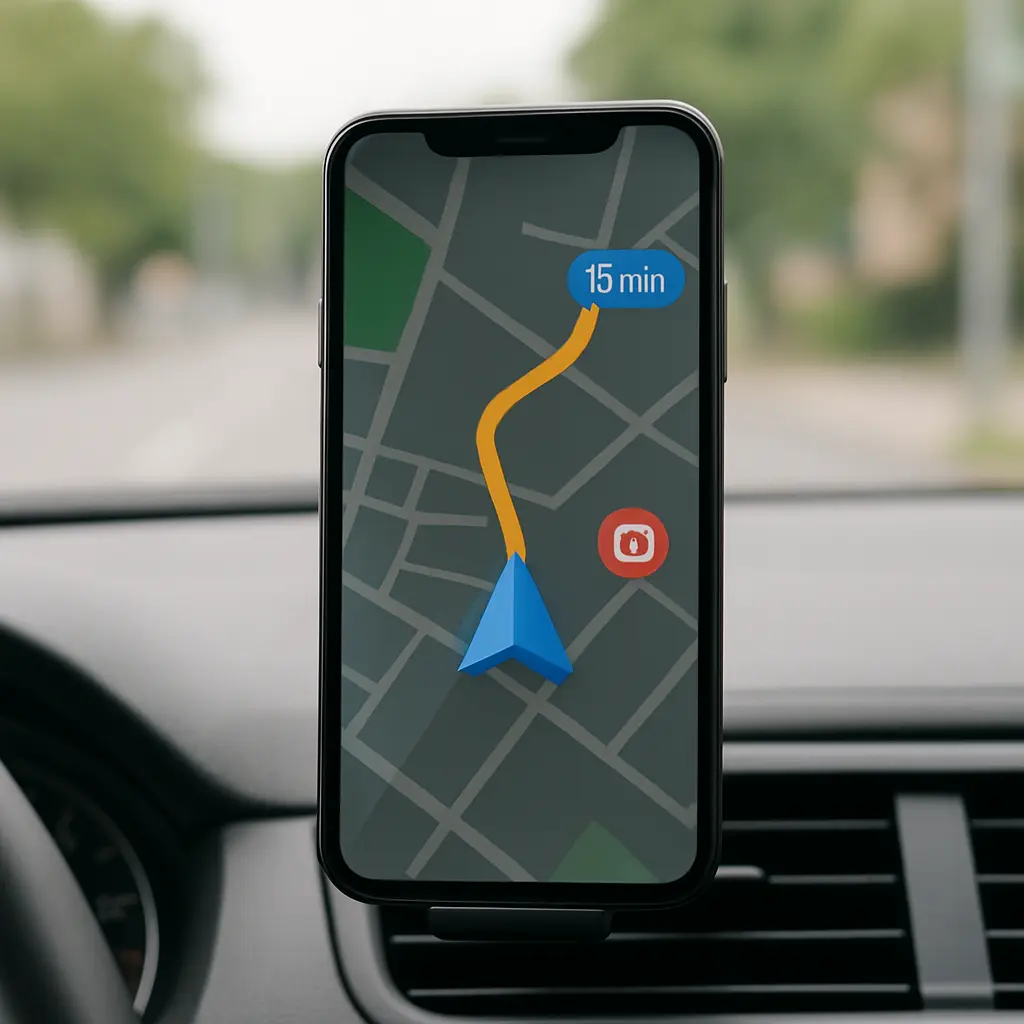 Smartphone mit Navi-App auf Autohalterung im Cockpit, Route auf Karte sichtbar