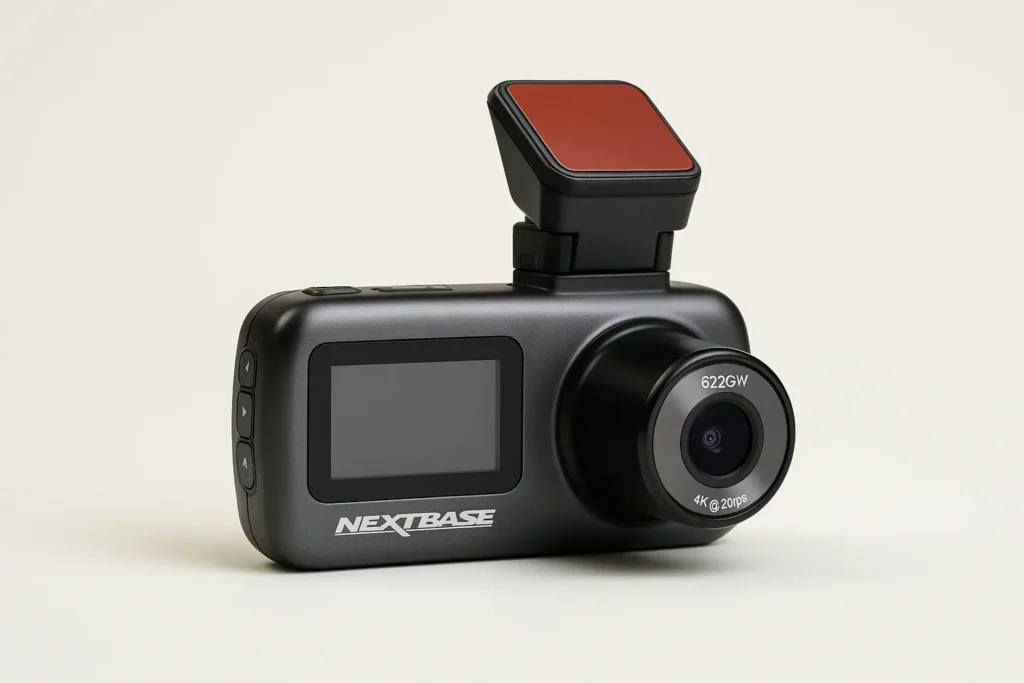 Beweissicherung leicht gemacht – Die Dashcams mit Top-Bildqualität 4 Nextbase 622GW Dashcam mit 4K-Auflösung, LCD-Display und Magnethalterung vor hellem Hintergrund