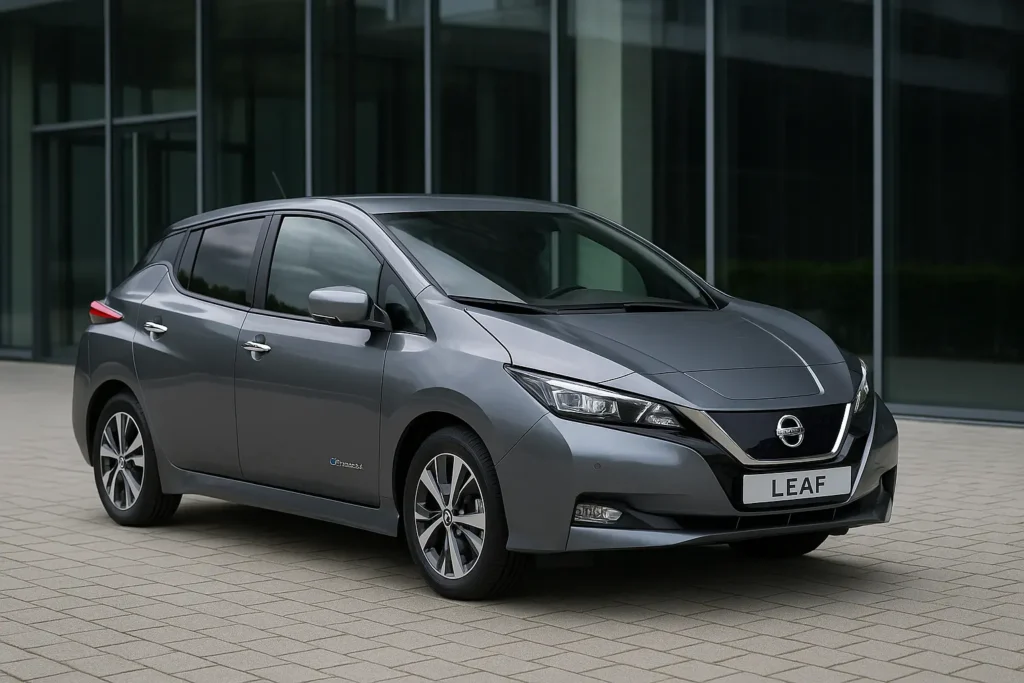 Nissan Leaf 40 kWh 2025 in Grau-Metallic, geparkt vor moderner Glasfassade mit Zero-Emission-Badge