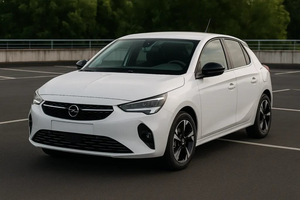 Opel Corsa-e in Weiß auf leerem Parkplatz mit sportlicher Linienführung