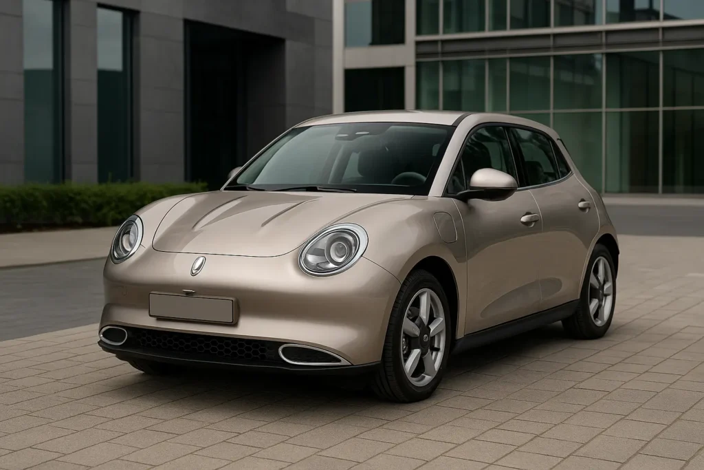 Ora Funky Cat 2025 in Metallic-Beige, geparkt auf hellem Pflaster vor einem modernen Bürogebäude