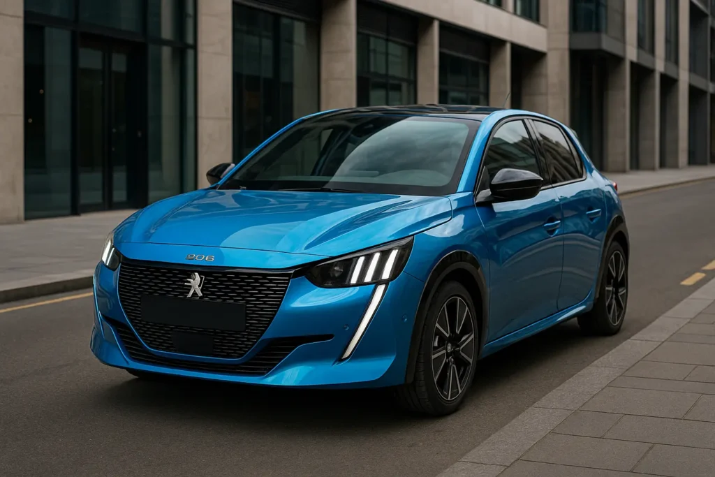 Kompakt, aber oho! 2025er Stadtwagen mit überraschend viel Power 7 Peugeot e-208 GT 2025 in Blau geparkt auf städtischer Straße mit moderner Architektur im Hintergrund