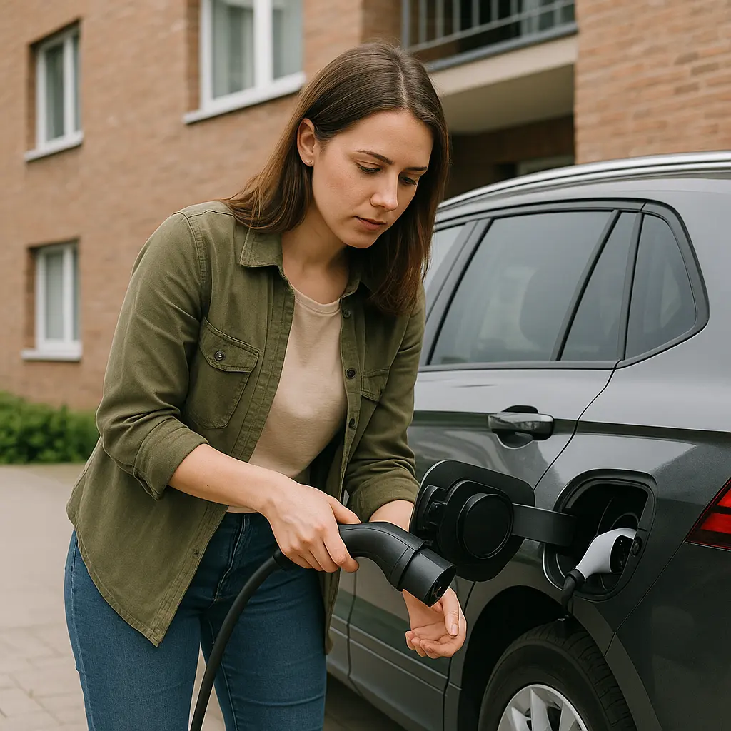 Wallbox oder Steckdose? So lädst du dein E-Auto richtig in 2025 3 Junge Frau lädt ihr Plug-in-Hybrid-Auto vor einem Mehrfamilienhaus