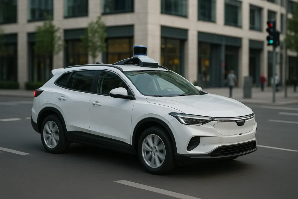 Autonomes SUV mit LIDAR-Sensor fährt durch eine belebte Innenstadtstraße