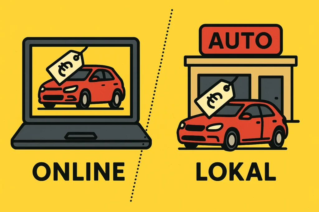 Illustration eines roten Autos im Online-Shop auf Laptop vs. im Autohaus – Preisvergleich 2025