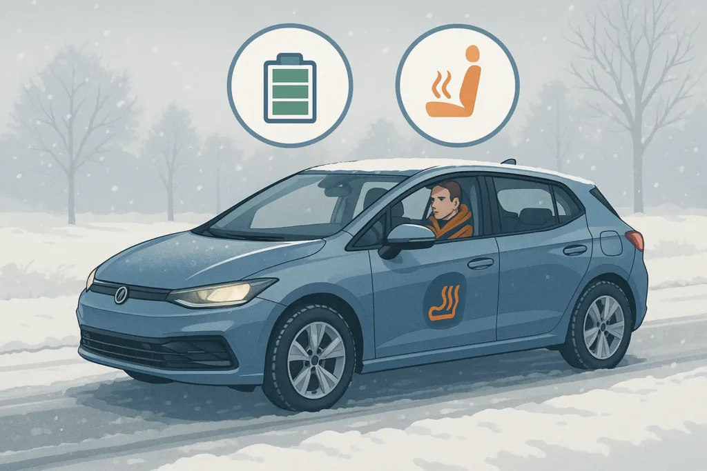 E-Mobilität ohne Kompromisse – So machst du dein Auto winterfest & reichweitenstark 4 Elektrisches Fahrzeug fährt im Schnee mit aktivierter Sitzheizung und voller Batterieanzeige