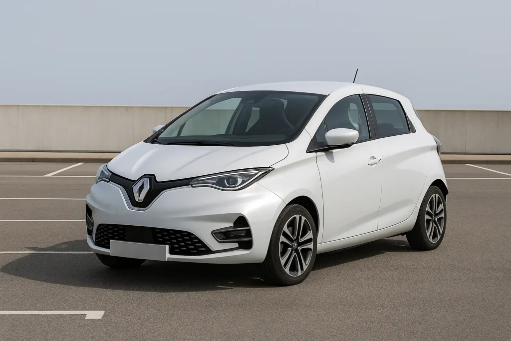 Renault Zoe E-Tech in Weiß auf offenem Parkplatz mit klarer Seitenansicht