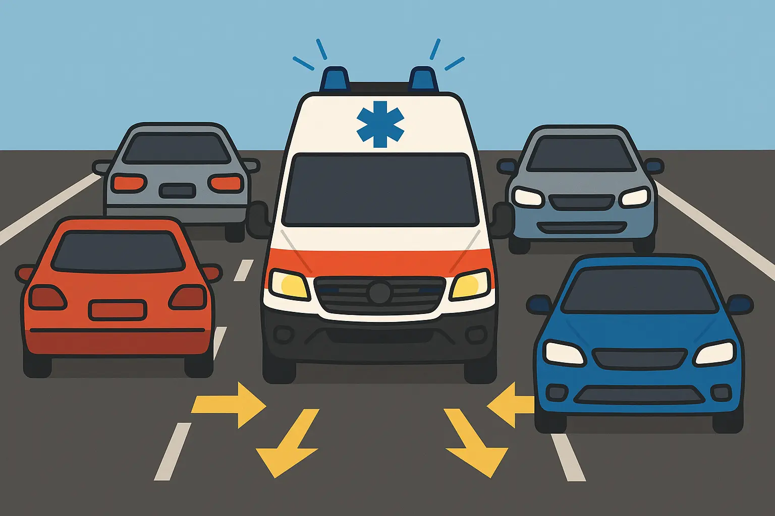 Rettungsgasse auf der Autobahn mit Einsatzfahrzeug in der Mitte und korrekt ausweichenden Autos